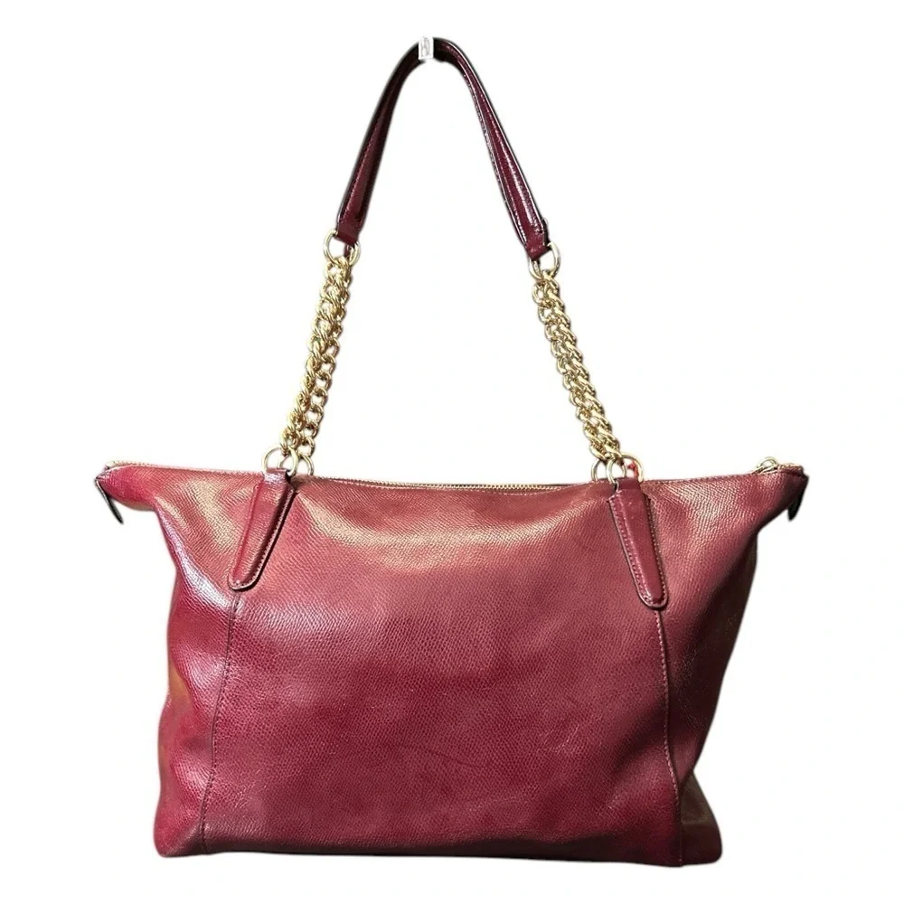Coach Ava Bordeaux Red Pebbled Leather Tote Shoulder Bag Purse Chain Handle